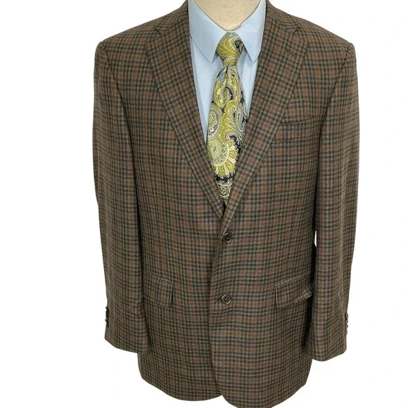 Hart Schaffner Marx Blazer Mens 40R Brown Plaid Gold Trumpeter Loro Piano Italy